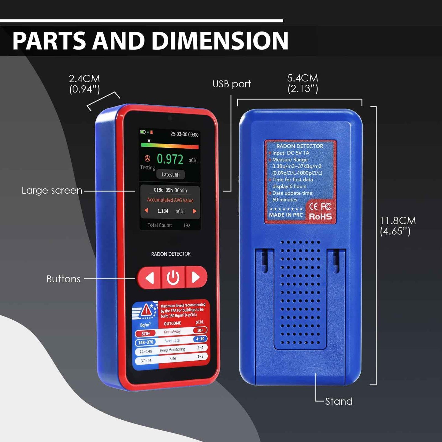 Radon Detector Portable Radon Tester, 0.09-1000pCi/L Radon Detector for Home, 504-Day Data Storage Radon Monitor with Buzzer and Visual Alarm, Large LCD Screen 45-Day Battery Life for Home Basement