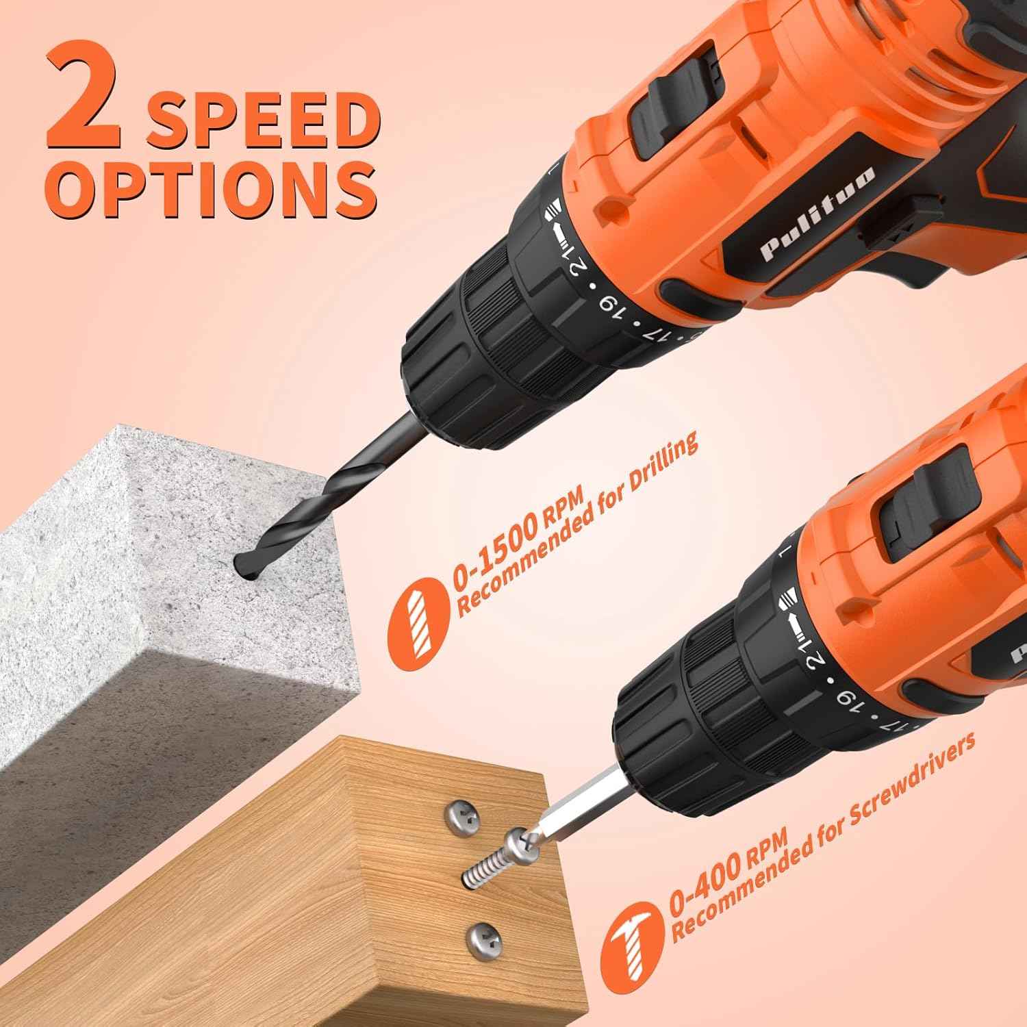 PULITUO'S 20V Cordless Drill/Driver, Electric Screwdriver - 2 Batteries, 30Nm, 21+1 Torque, 2 Speed, Keyless 3/8" Chase Drill with LED Light, Kit for Home (Green)