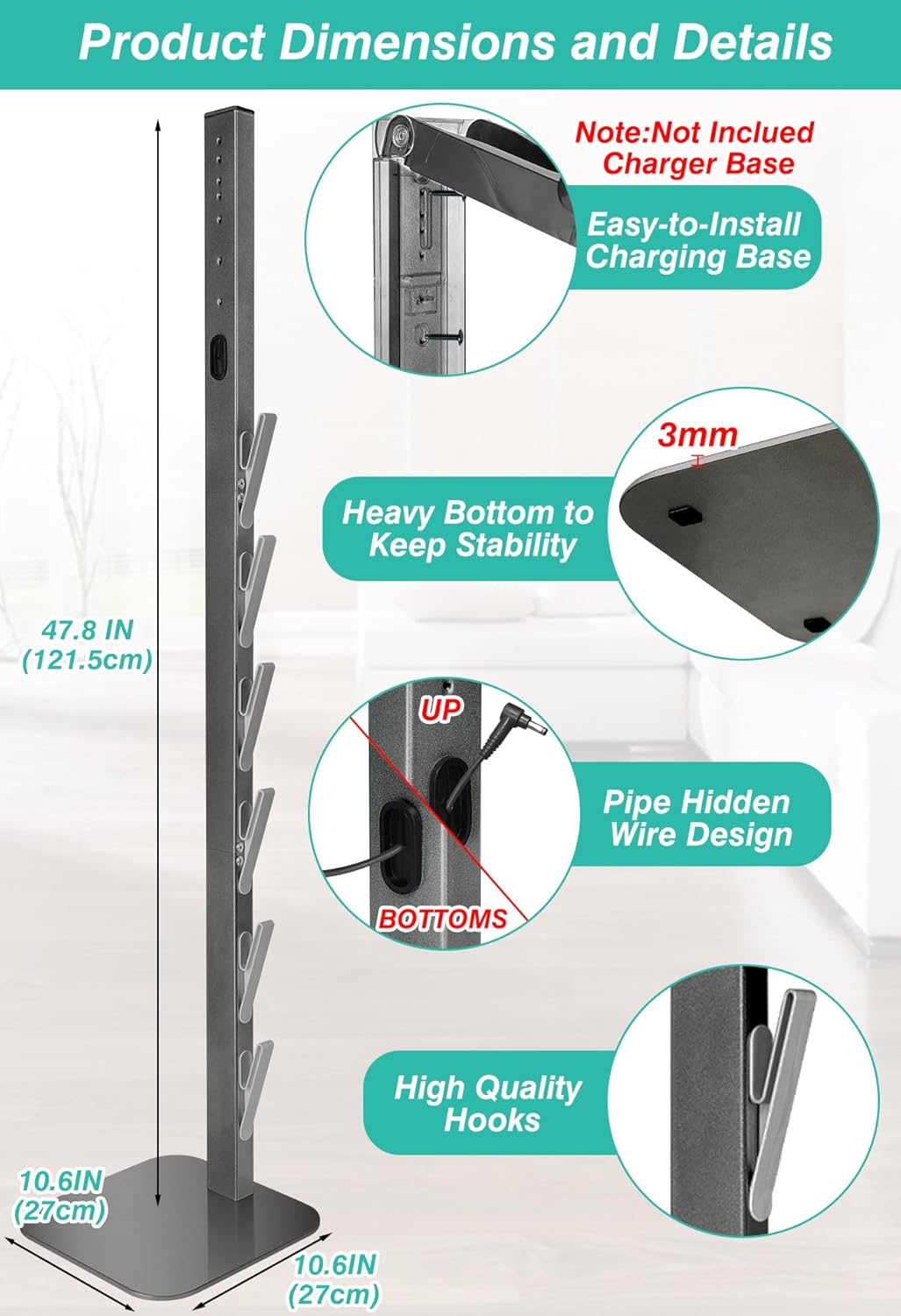 Dyson Vacuum Stand & Holder for Gen5 V15 V12 V11 V10 V8 V7 V6 - Metal Storage Bracket with Hidden Cord Design