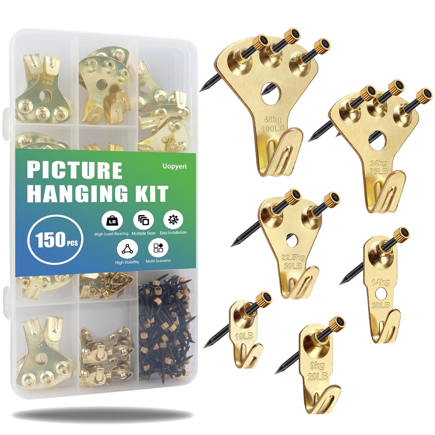150Pcs Heavy Duty Picture Hangers Kit, Supports 10-100 lbs – Premium Wall Hanging Hooks with Nails for Drywall & Wood, Ideal for Pictures, Clocks, Mirrors, and Home Decor