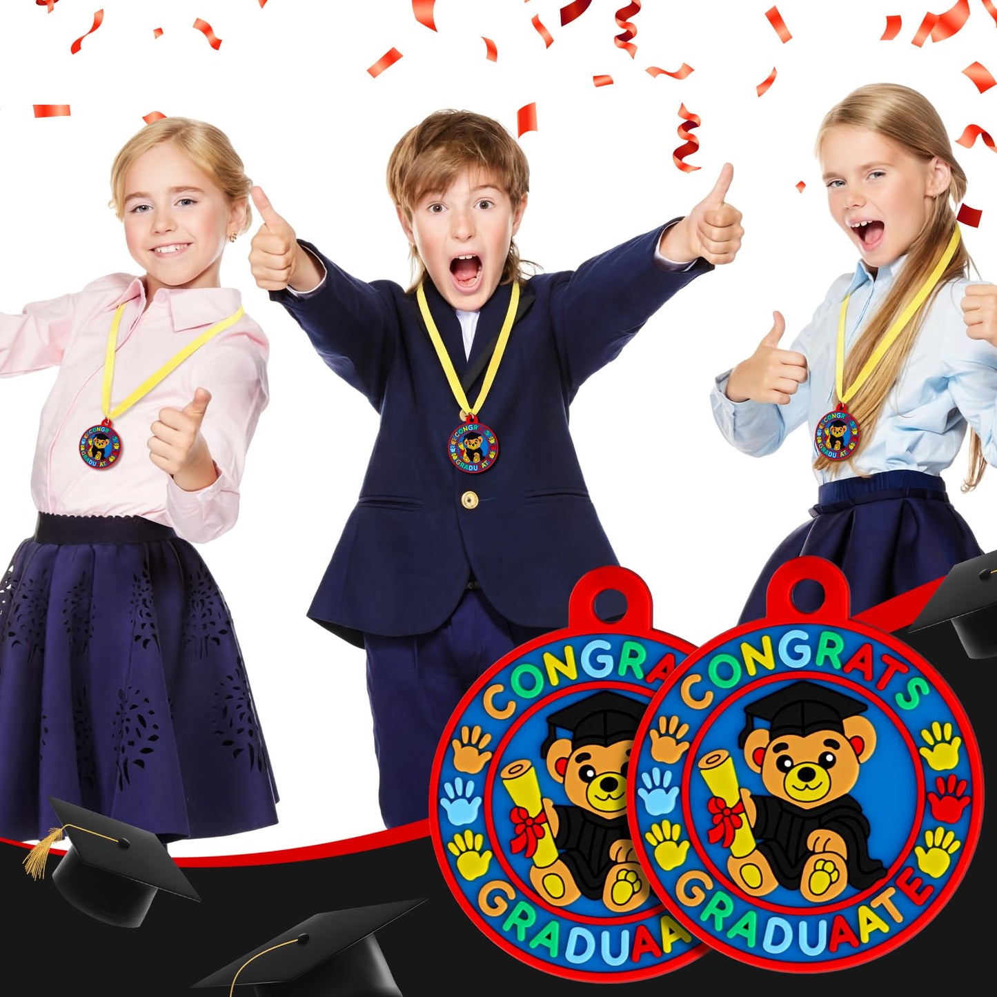 Sratte 24 Pcs Kindergarten Prek Preschool Graduation Medals for Kids, Bulk Kinder Pre-k Graduation Gifts with Yellow Ribbon, End of Year Student Gifts Party Favors Supplies, 2 Inch (Bear Graduate)