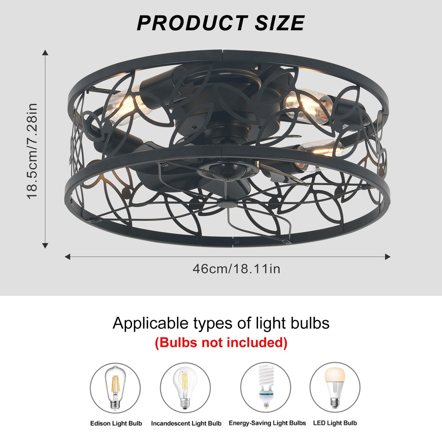 Garwarm 18in Caged Ceiling Fan with Light,Rustic Farmhouse Ceiling Fans with Lights and Remote,Bladeless Black Fandelier Ceiling Fan,Small Flush Mount Ceiling Fan for Kitchen, Bedroom(6 Speed, Timing)