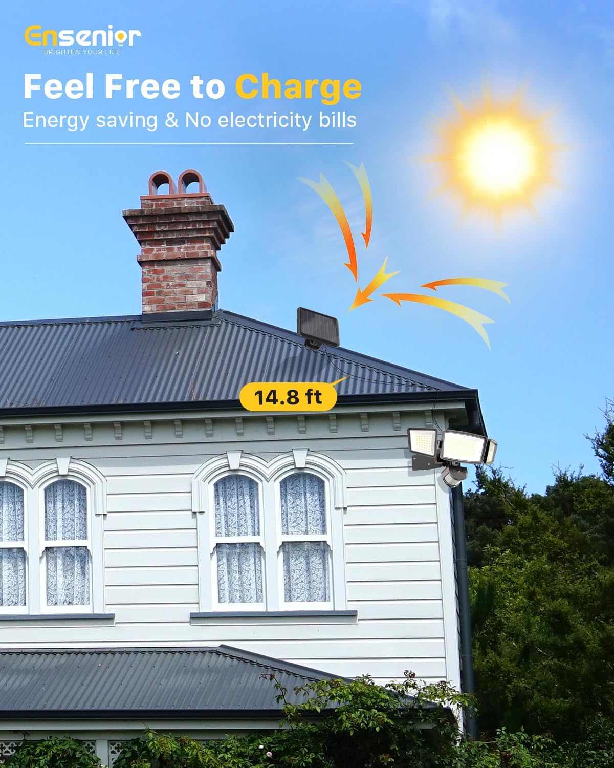 1800LM Solar Security Light with 3 Heads & Remote, 270° Wide Angle, IP65 Waterproof