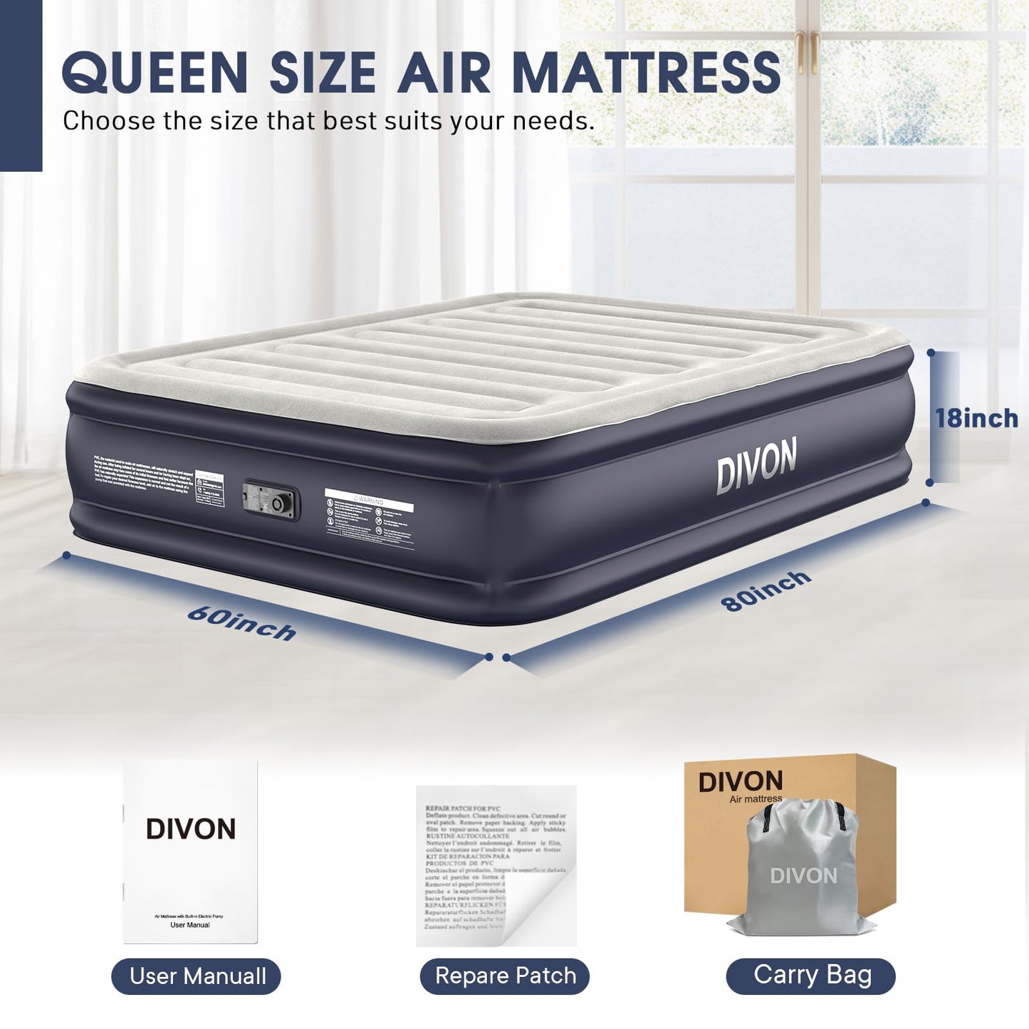 DIVON Air Mattress Queen with Built in Pump,18'' Raised Blow Up Mattress