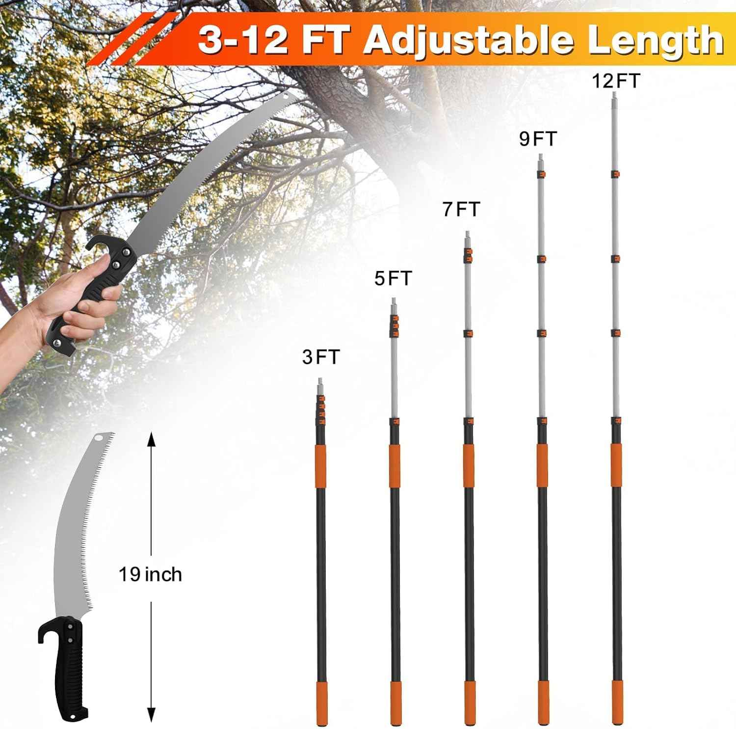 AgiiMan 26FT Telescoping Pole Saw for Tree Trimming - 19" Detachable Pruning Saw with Non-Slip Handle