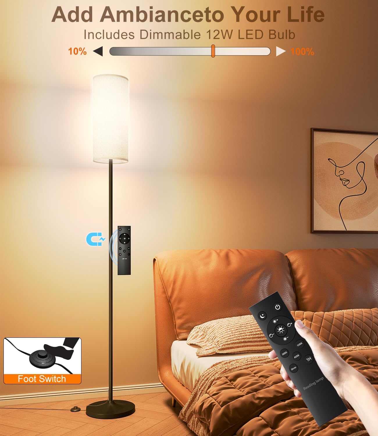 LED Floor Lamp with Remote & Dimmable Feature - Modern Gold Standing Lamp for Living Room & Bedroom