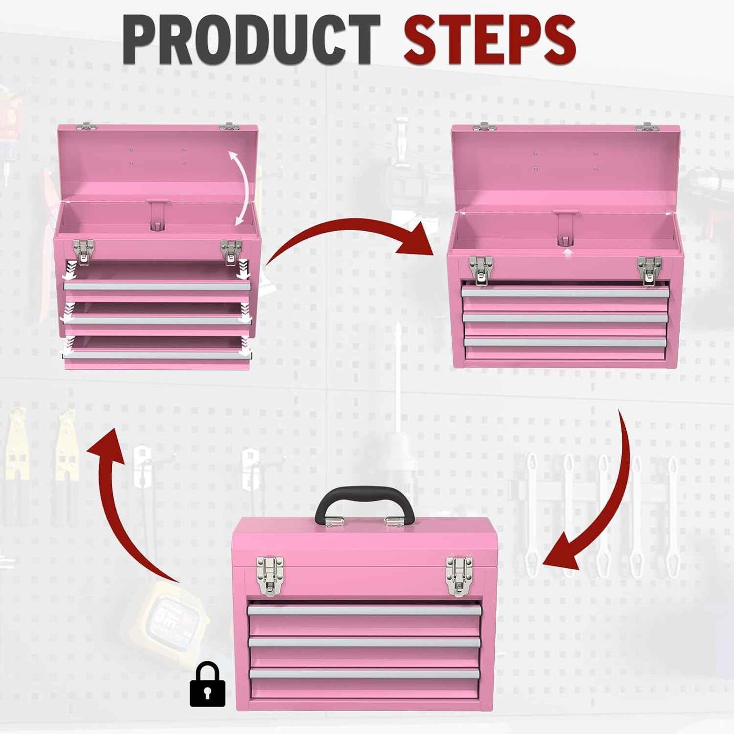Portable Pink 3-Drawer Steel Tool Box with Locking System for Tool Storage