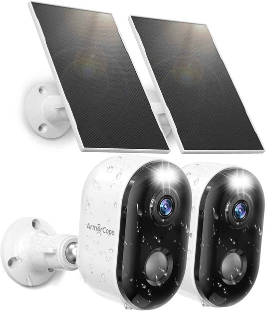 Wireless Outdoor Security Cameras 2-Pack - Solar Battery, 2K Color Night Vision, AI Motion Detection, IP66 Weatherproof, 2-Way Talk