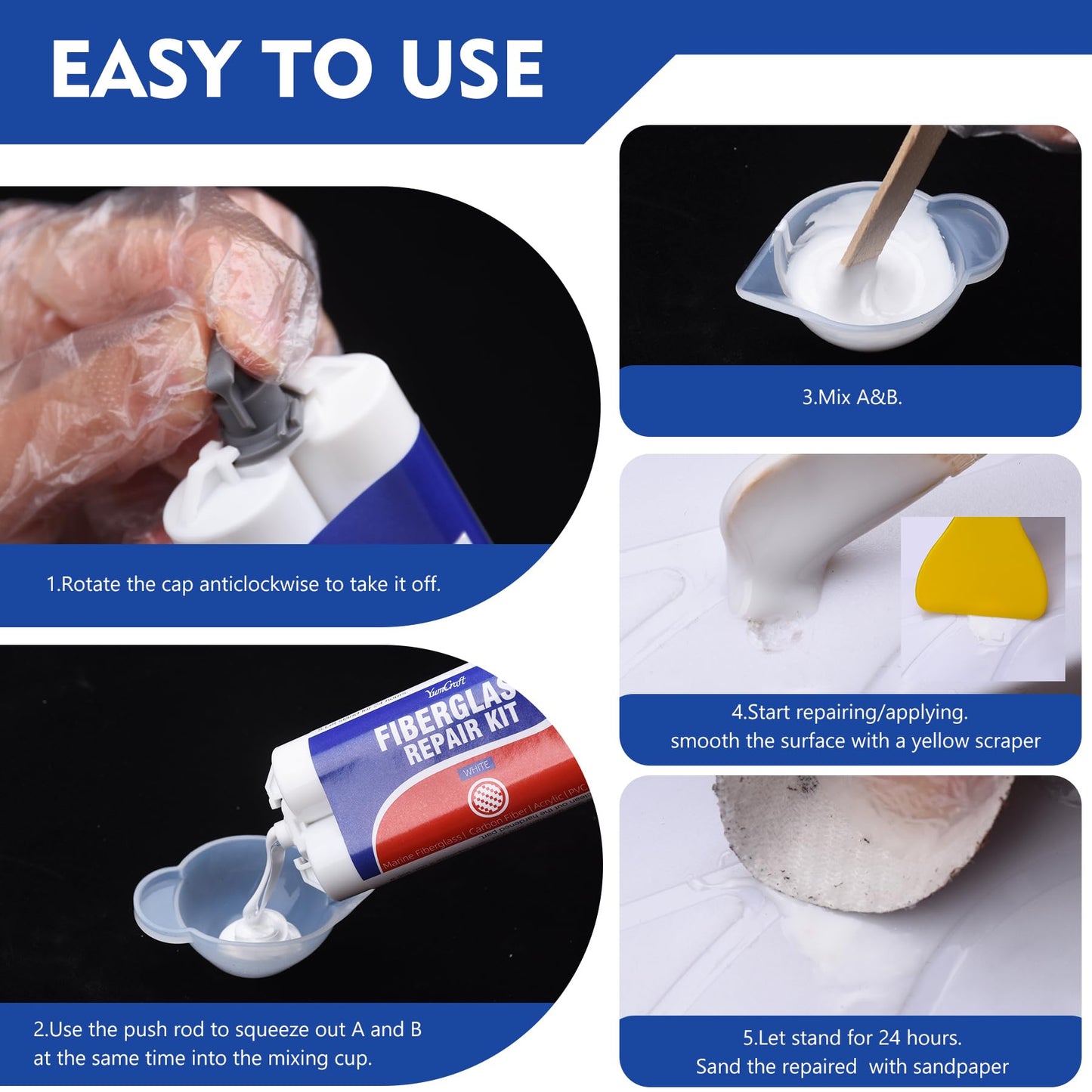 Marine Fiberglass Boat Repair Kit, 100ml Gel Coat Repair Kit for Boats, Fiberglass Repair Kit for Boats, Epoxy Resin Glue Filler Fix Scratch, Crack, Hole, Pit, Suitable for Porcelain Acrylic(White)