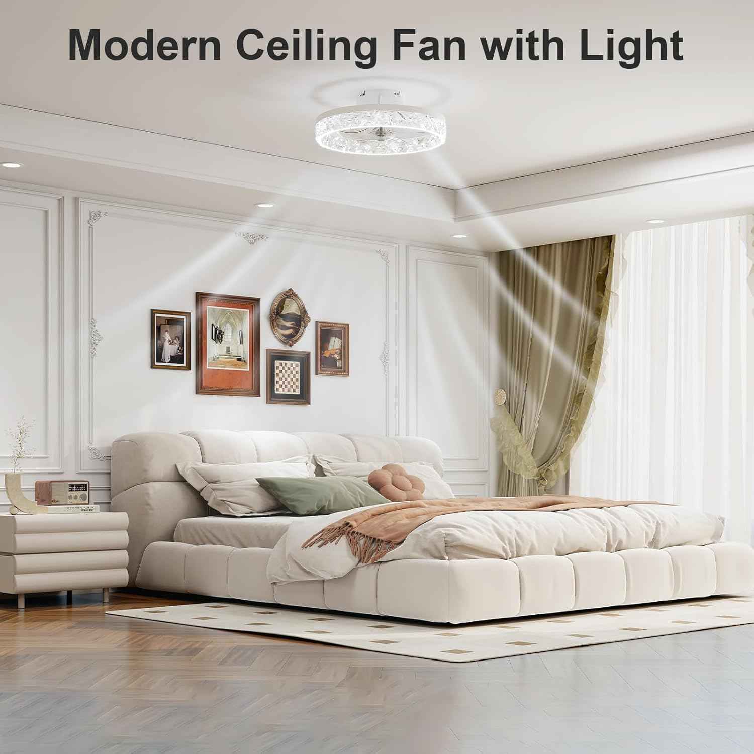 Modern Bladeless Ceiling Fan with Light & Remote - 15.7in Low Profile Fandelier, Dimmable 3000K-6500K for Bedroom