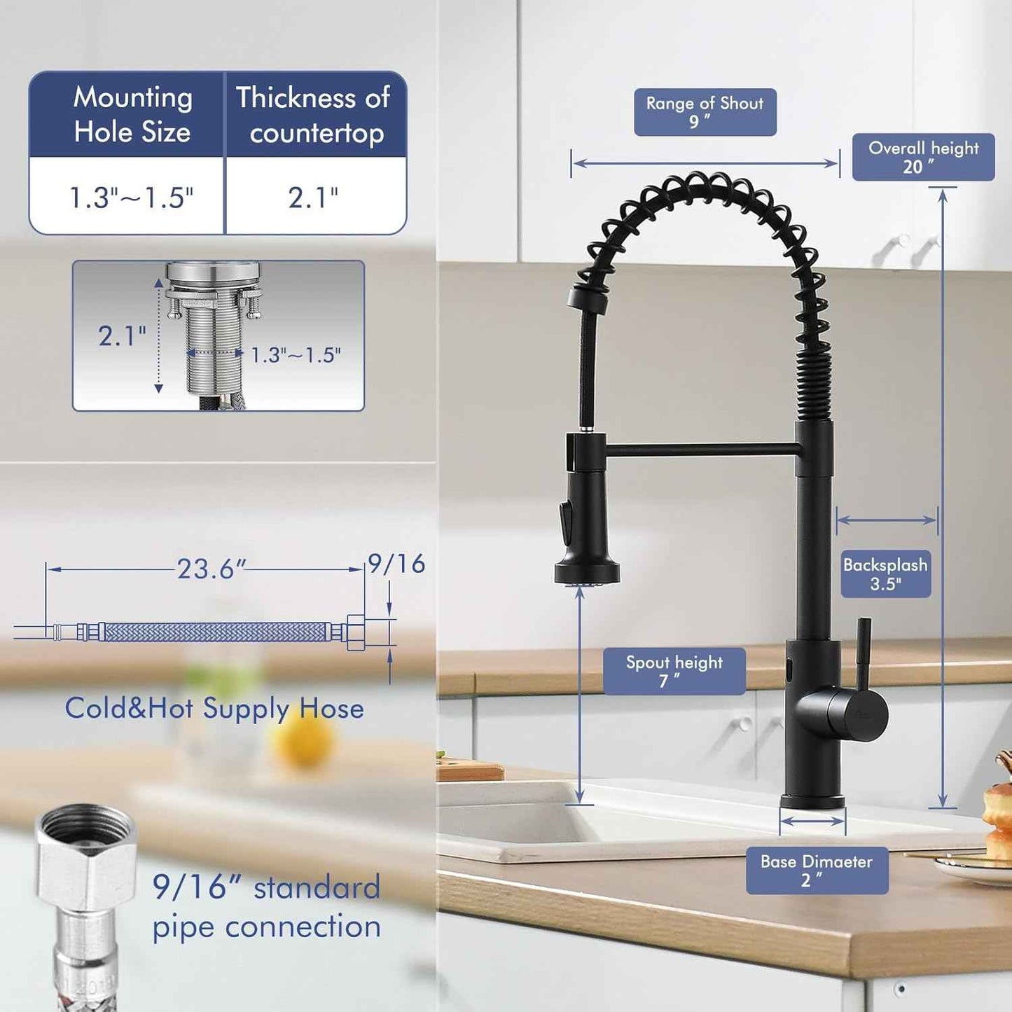 Matte Black Kitchen Faucet with Soap Dispenser - Commercial Single Handle Pull Down Sprayer