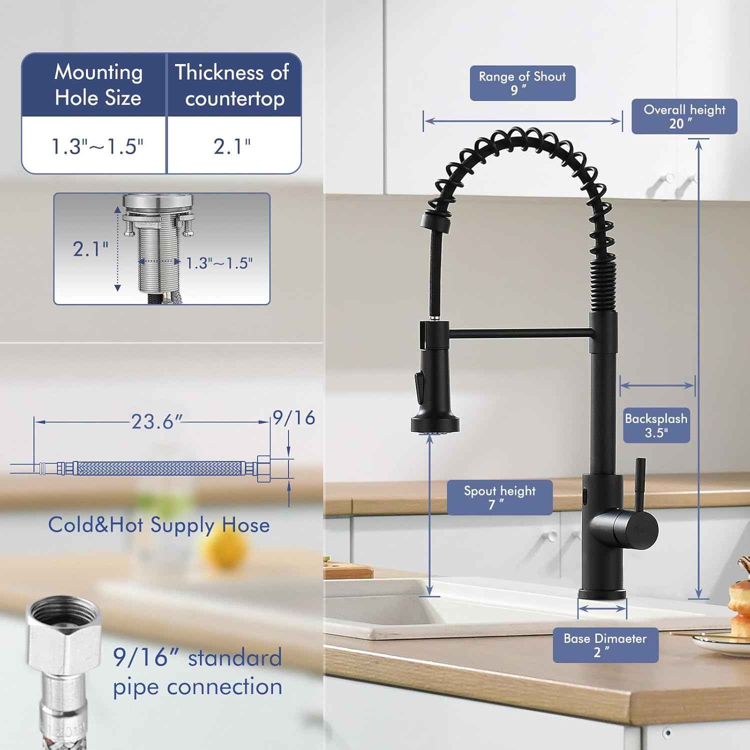 Matte Black Kitchen Faucet with Soap Dispenser - Commercial Single Handle Pull Down Sprayer