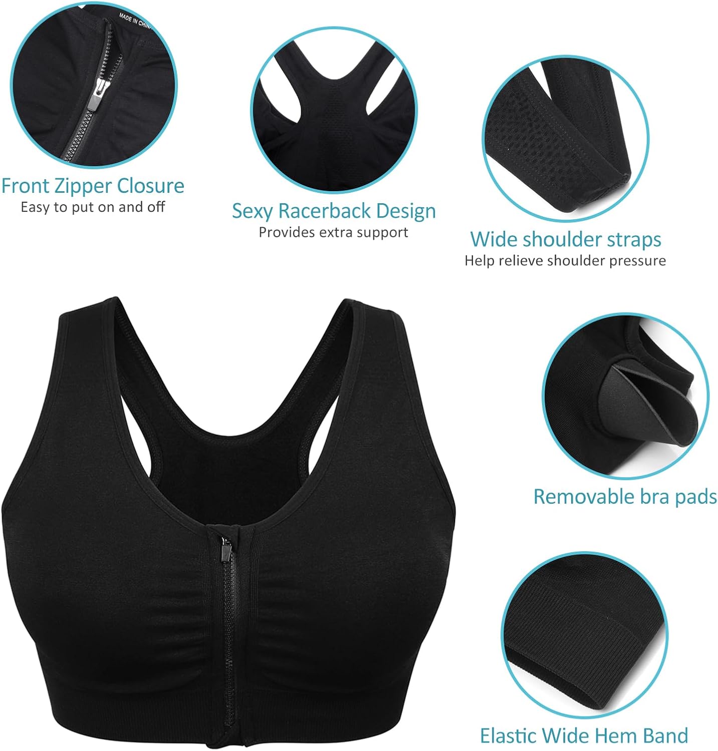 Skiennix Women's Zip Front Sports Bra - Wireless Post-Surgery Support for Yoga & Activewear