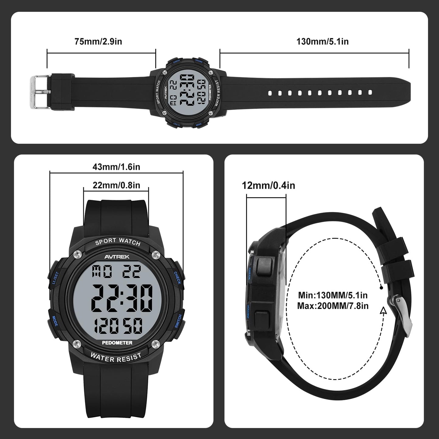 AVTREK Pedometer Watch for Walking Steps and Miles Calories NoAPP Needed 50M Waterproof Digital Step Counter Watch Sport Simple Fitness Tracker for Men(Black)