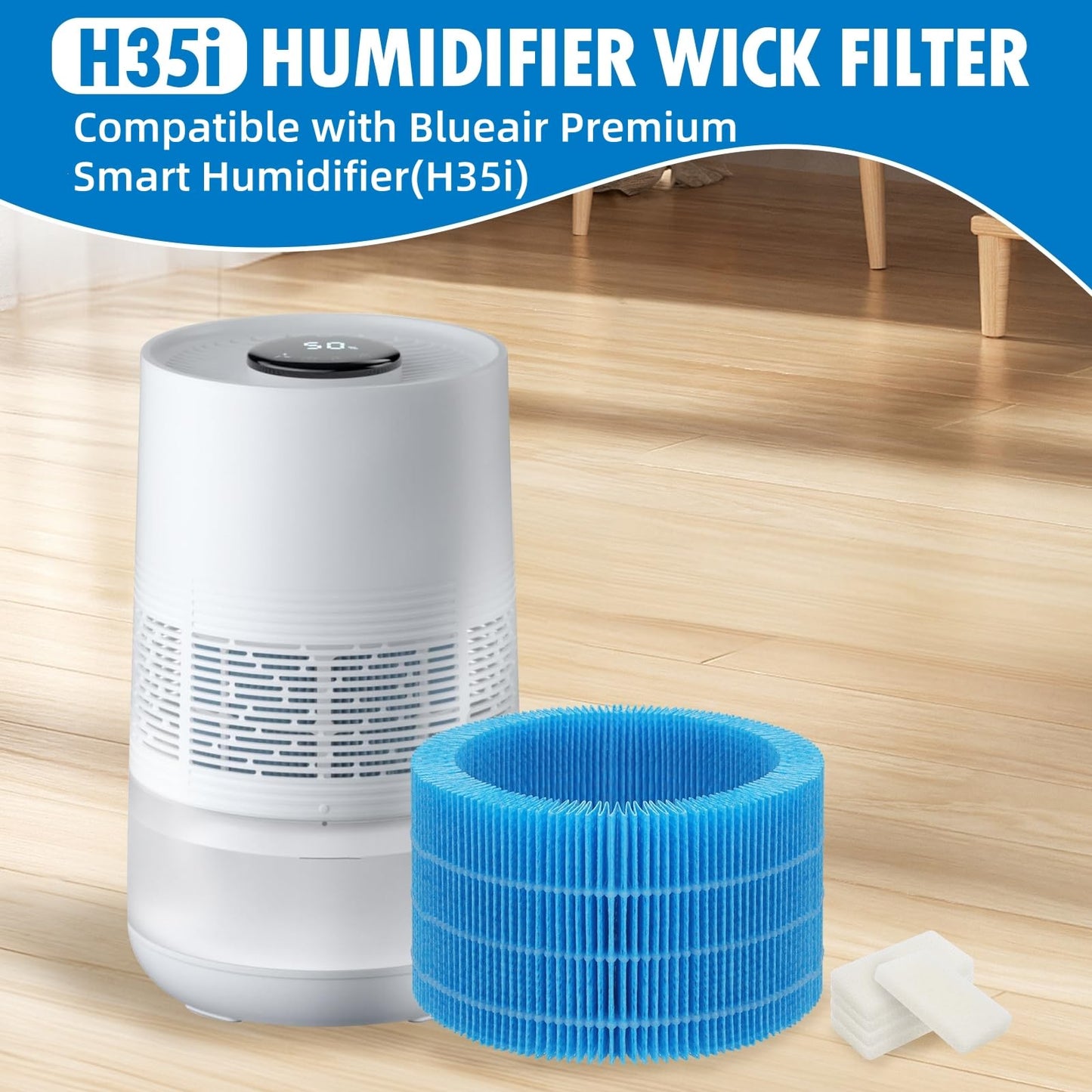 Gazeer Humidifier Replacement Filter Compatible with BLUEAIR Premium Smart Humidifier(H35i), Evaporative Washable Humidification Filter, 2 Pack Blue Humidifier Wick Filters+5 Pack Sponge Filters