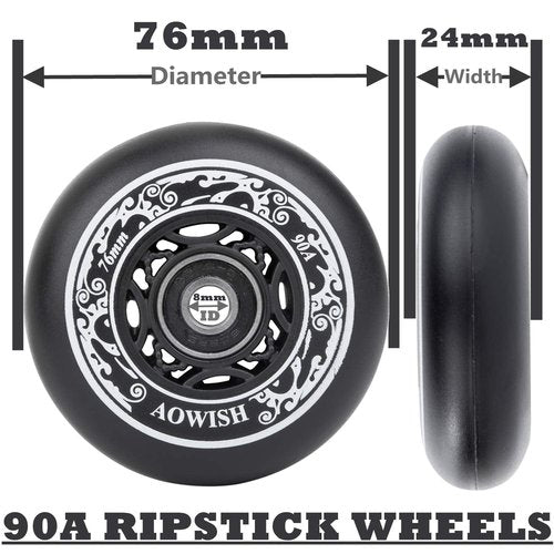 AOWISH 76mm 90a Ripsurf Wheels w/Bearings ABEC-9 for RipStik DLX Caster Board, Deluxe Junior Skateboard, 2 Wheel Pivoting Skateboard, Caster Board Skateboard (Set of 2) (BLACK)