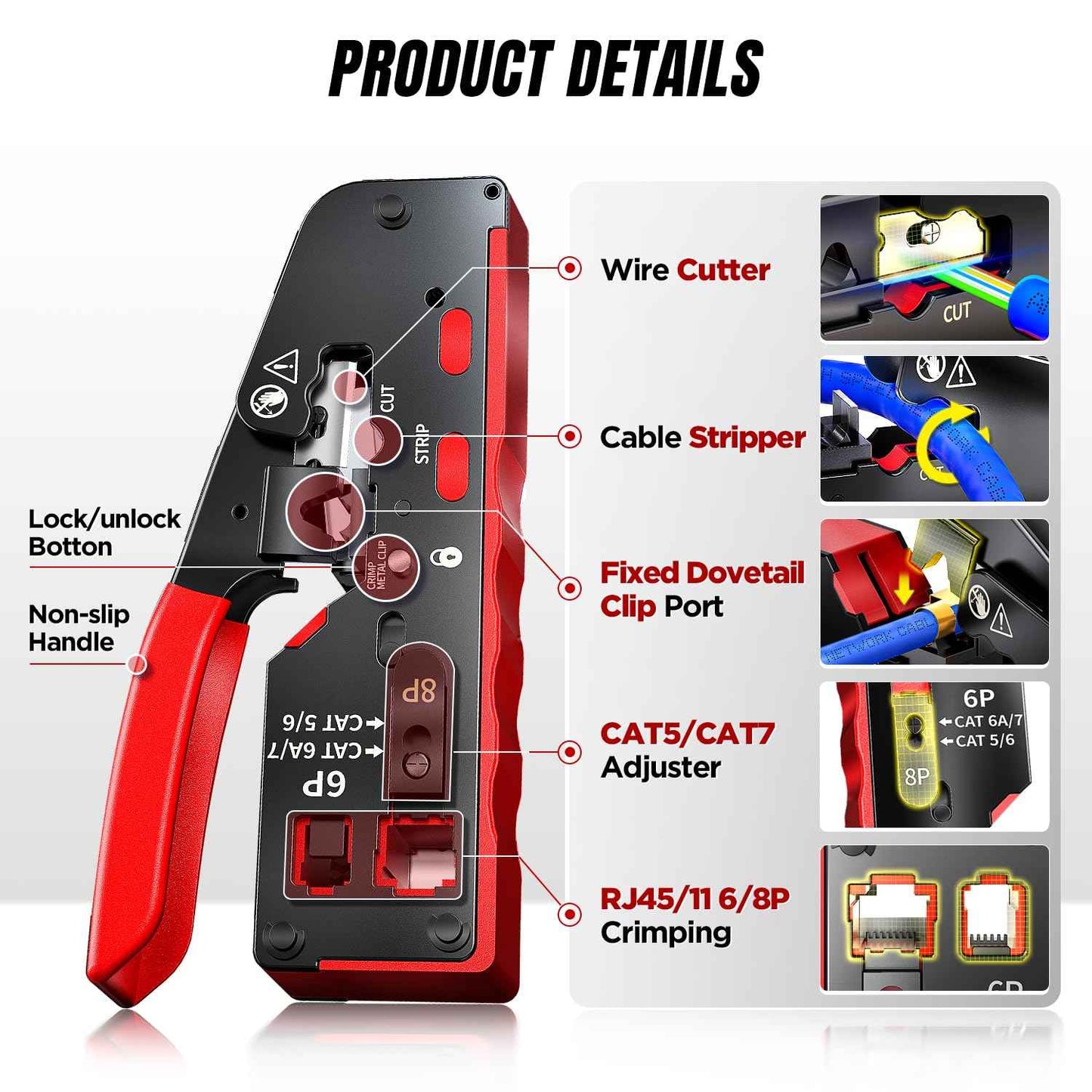 AMPCOM Pass Through RJ45 Crimp Tool, All-in-one Ethernet Crimper, Crimping for STP UTP RJ45/ RJ11 Cat8 Cat7 Cat6A Cat6 Cat5e Cat5 Connectors, AM-728RD