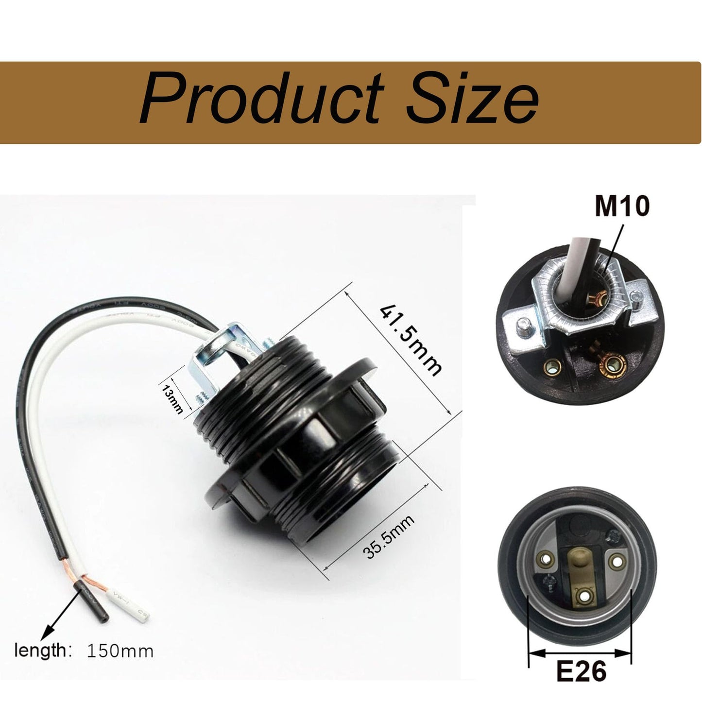JNXQWE E26 E27 Light Socket,Bakelite Threaded Medium Base Lamp Holder with Shade Ring,Phenolic Medium Base E26 Fixture Socket with 6" Wire Lead for Incandescent Led Light Bulbs Replacement,Pack of 2