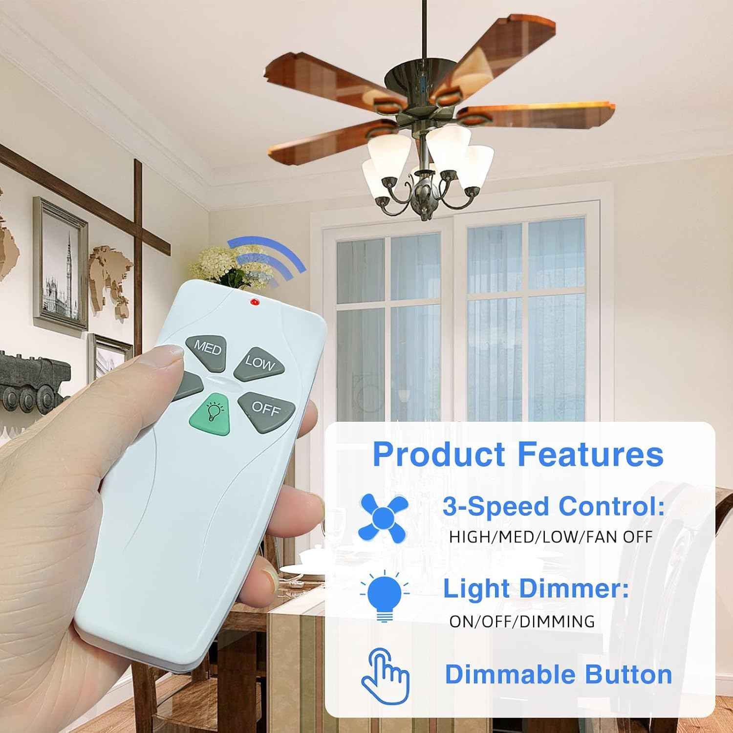 Universal Ceiling Fan Remote Control Kits with Light Dimmer 3 Speed FAN28R Receiver Lamp Dim Remote Replacement for Harbor Breeze Hampton Bay Hunter,Replace FAN-53T 2AAZPFAN53T 11T KUJCE9103 UC7030T