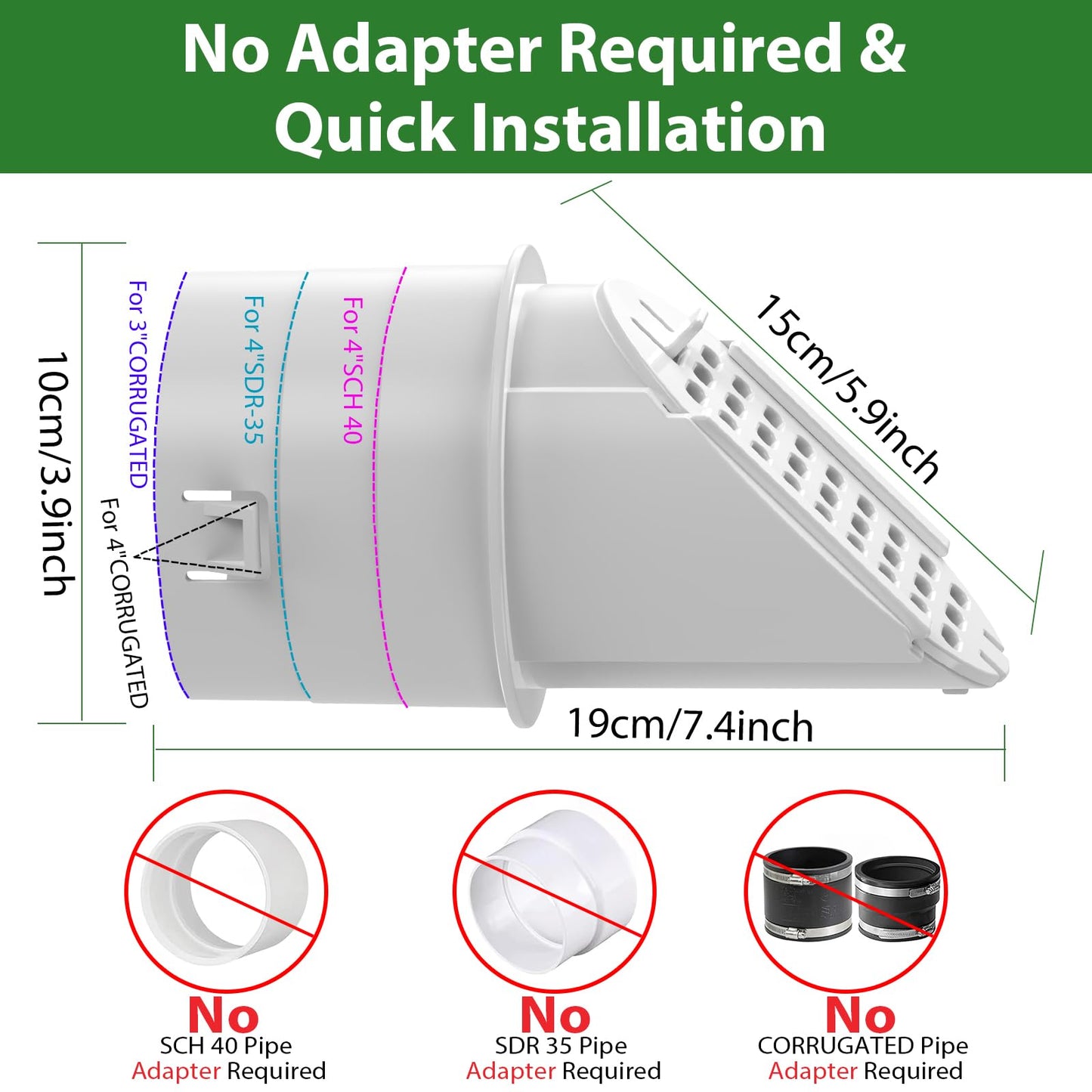 4” Slope Drainage Grate Cover, Rain Diverter, Drainage Grate Yard Drain Emitter for Sump Pump Discharge & Downspout Extensions, Fit 4" SCH 40, 4" SDR 35, 4" & 3" Corrugated Pipe, 1 Pack-White