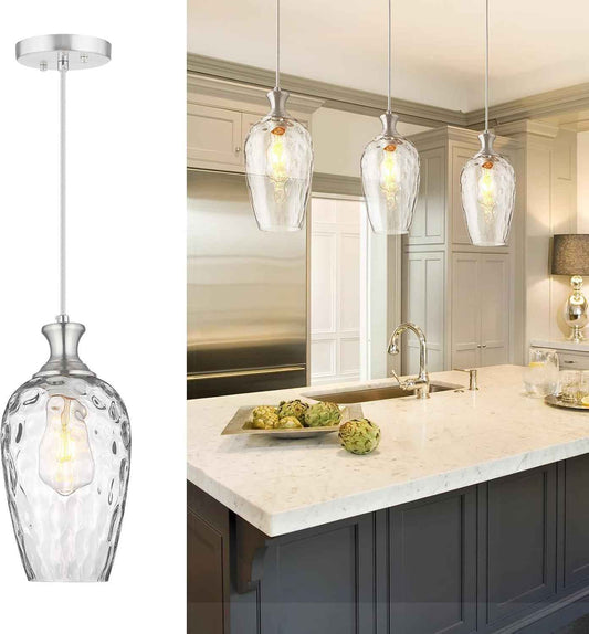 Brushed Nickel Glass Pendant Light Fixture - Modern 1-Light Hanging Lamp for Kitchen Island & Dining Room