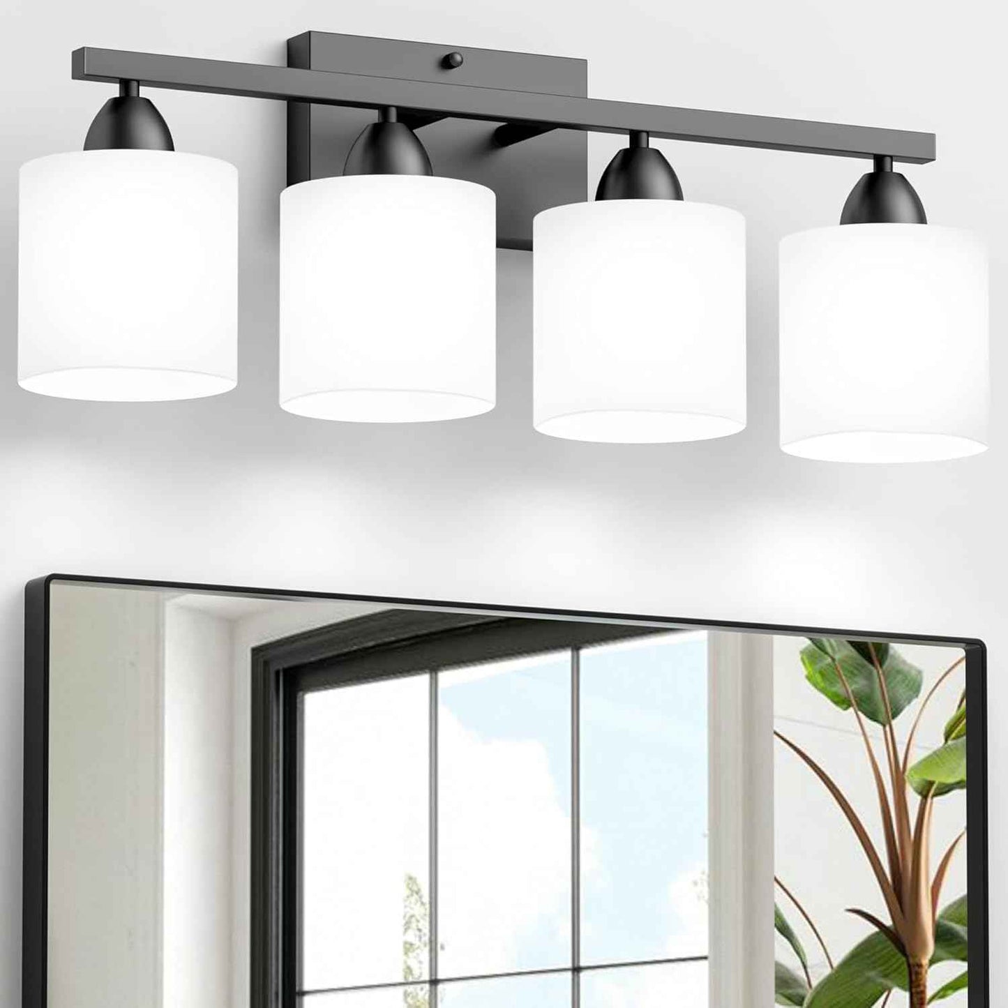 Modern 4-Light Bathroom Vanity Light Fixture - Anti-Rust Over Mirror Sconce with Milky White Glass Shades, E26 Base