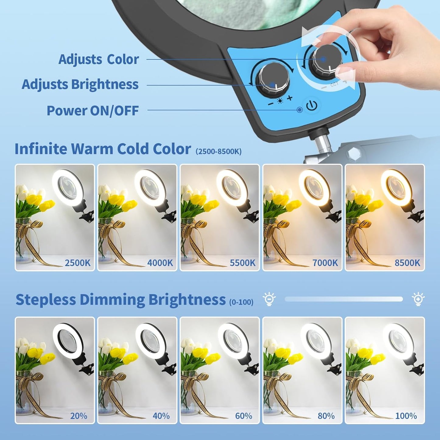 12X LED Magnifying Glass with Light & Clamp - Hands-Free Desk Lamp for Crafting & Reading