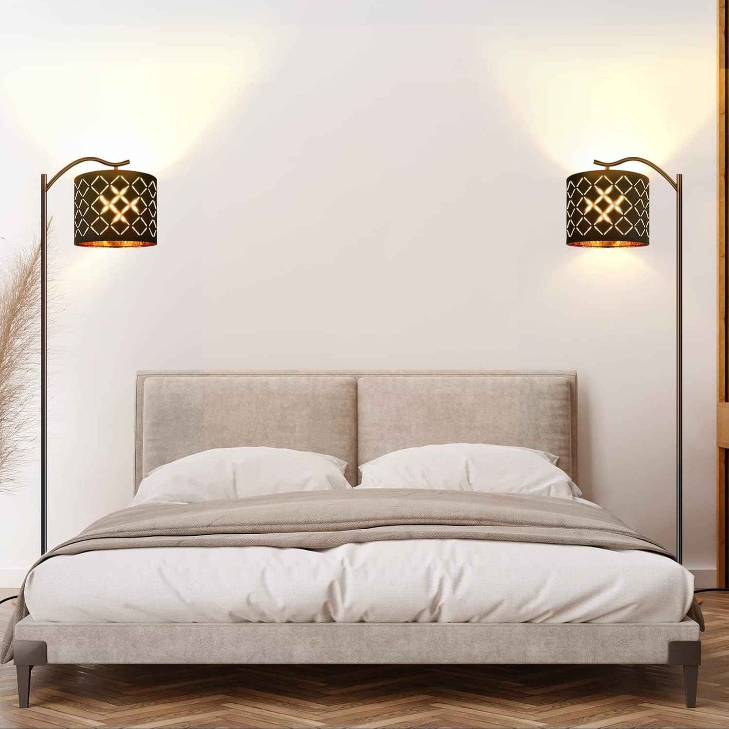 Modern LED Floor Lamp with Bohemian Linen Shade – Arched Tall Standing Light for Living Room & Bedroom