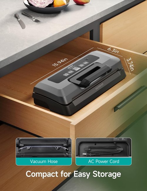 HiCOZY Vacuum Sealer - Powerful Heat Food Sealer with 7 Automatic Modes & Compact Design | Includes 10 Bags & Cutter