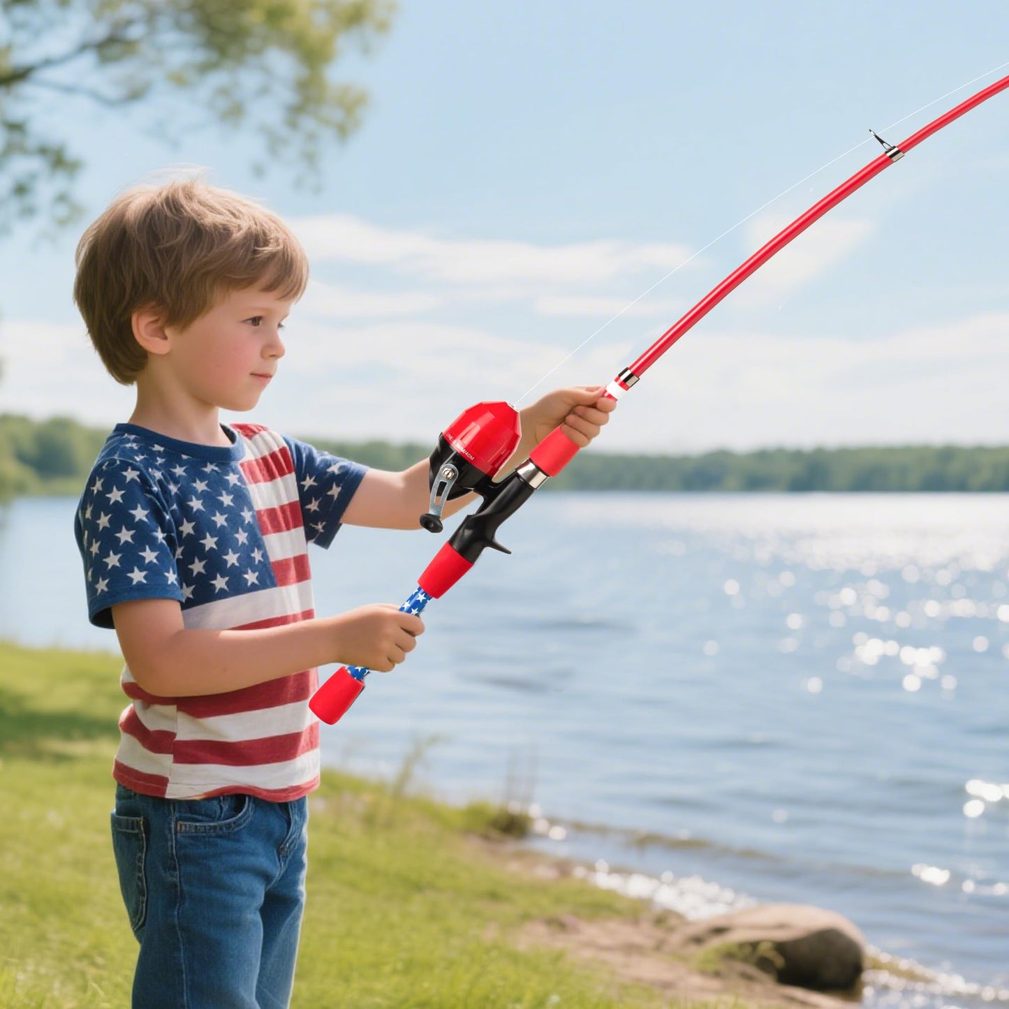 WIDDEN Kids Fishing Pole - Portable Telescopic Fishing Rod Set with Spincast Reel, Net, Bucket and Tackle Box - Patriotic American Flag Fishing Gear for Boys Girls Youth - 4th of July Gift