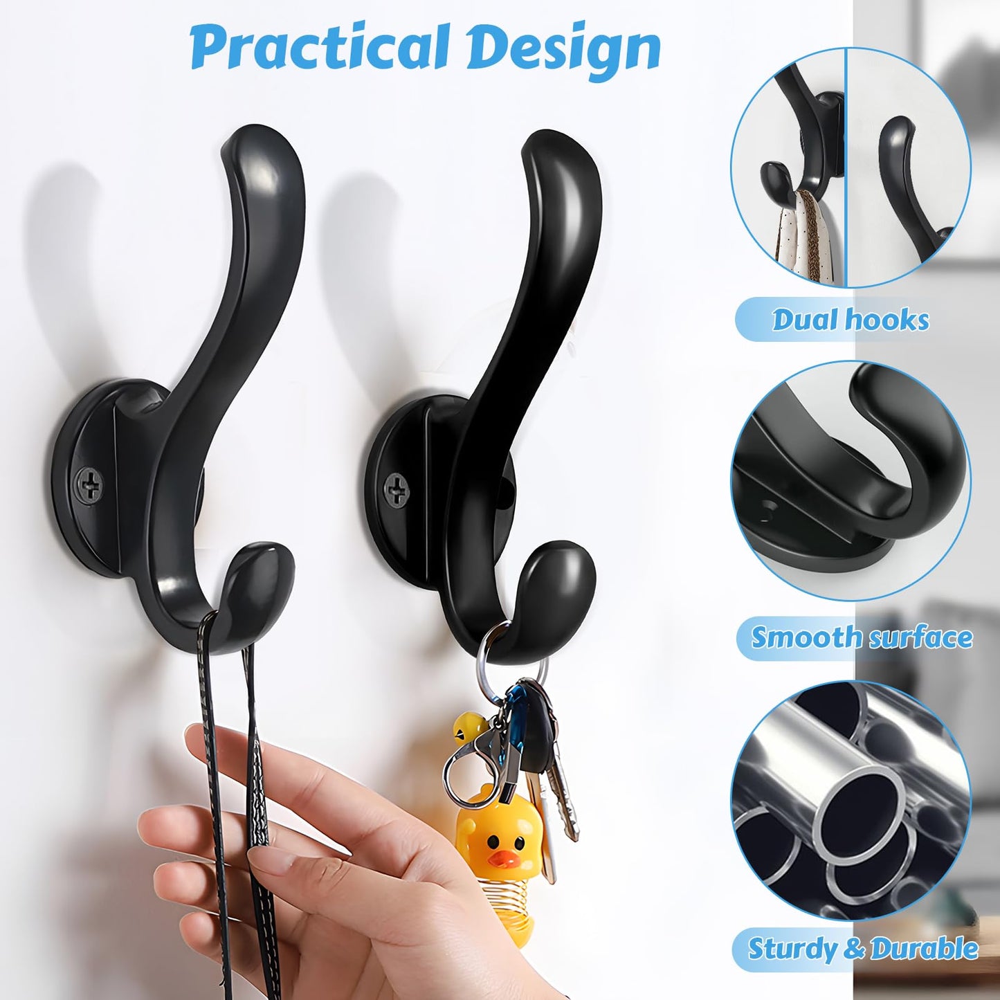PEOIAOY 2 Pack Coat Hooks Wall Mount Heavy Duty Utility Retro Double Hooks for Hanging Coats,Hat, Towel, Key, Robe, Scarf, Bag, Cap (Black)