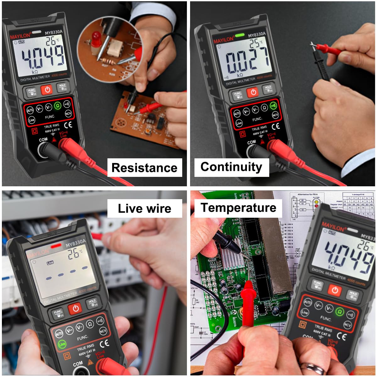 Digital Multimeter TRMS 4000 Counts Multimeter DC AC Voltage Tester Auto-Ranging Voltmeter Amp Meter NCV Live Wire Resistance Continuity Temp for Auto/Home/Electrical MY8330A