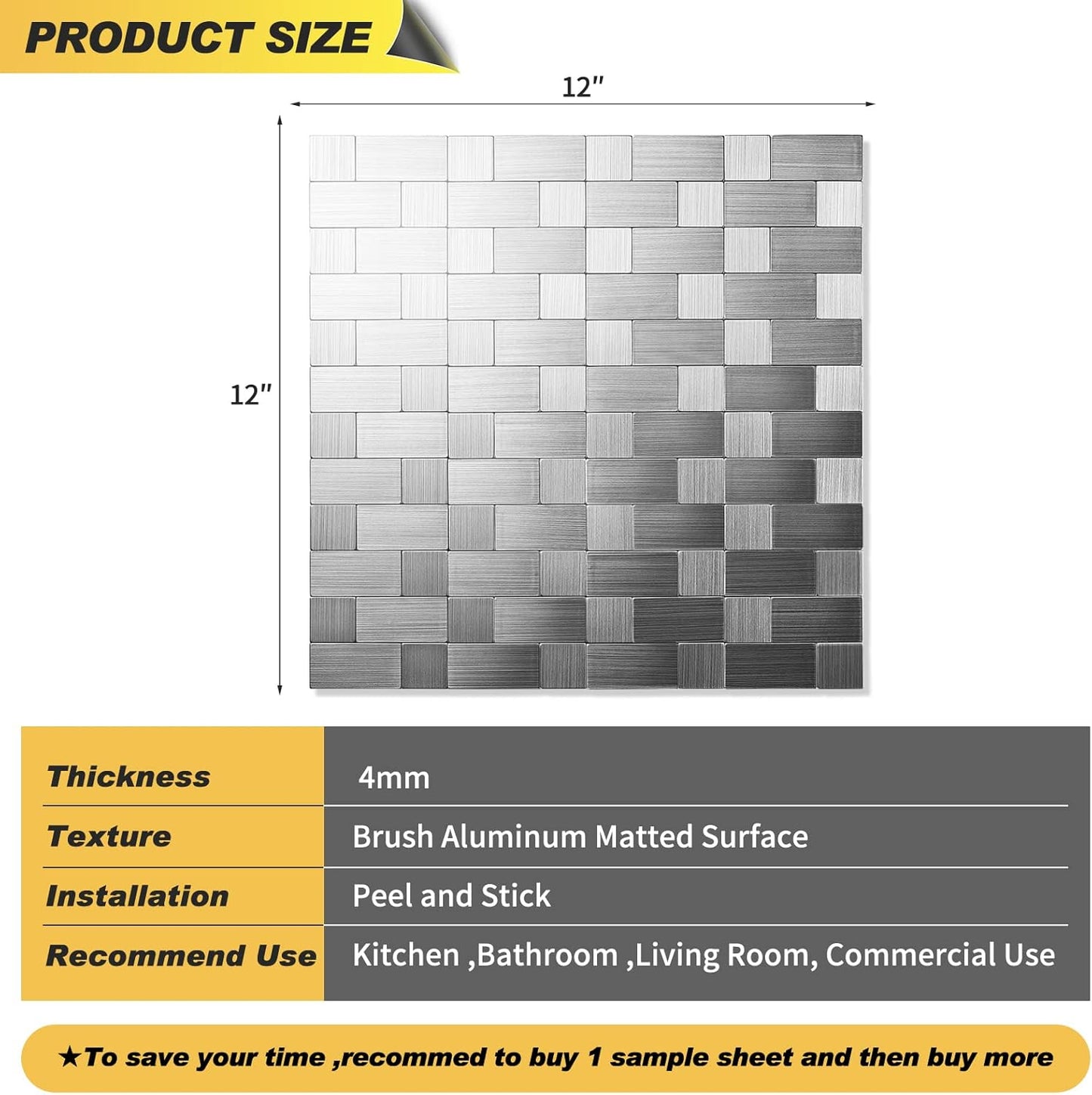 Stainless Steel Peel and Stick Backsplash Tiles - 20 Sheets, 12''x12'' for Kitchen & Bathroom