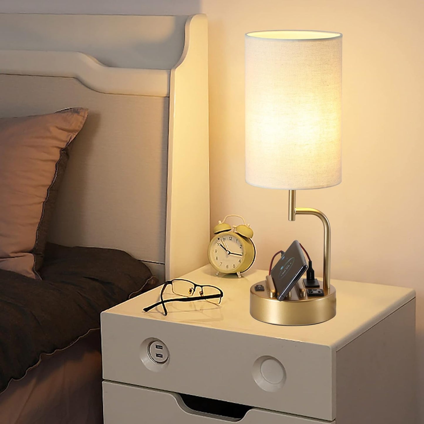 Modern Table Lamp with 3 USB Ports & AC Outlet - Set of 2 Bedside Desk Lamps in Silver
