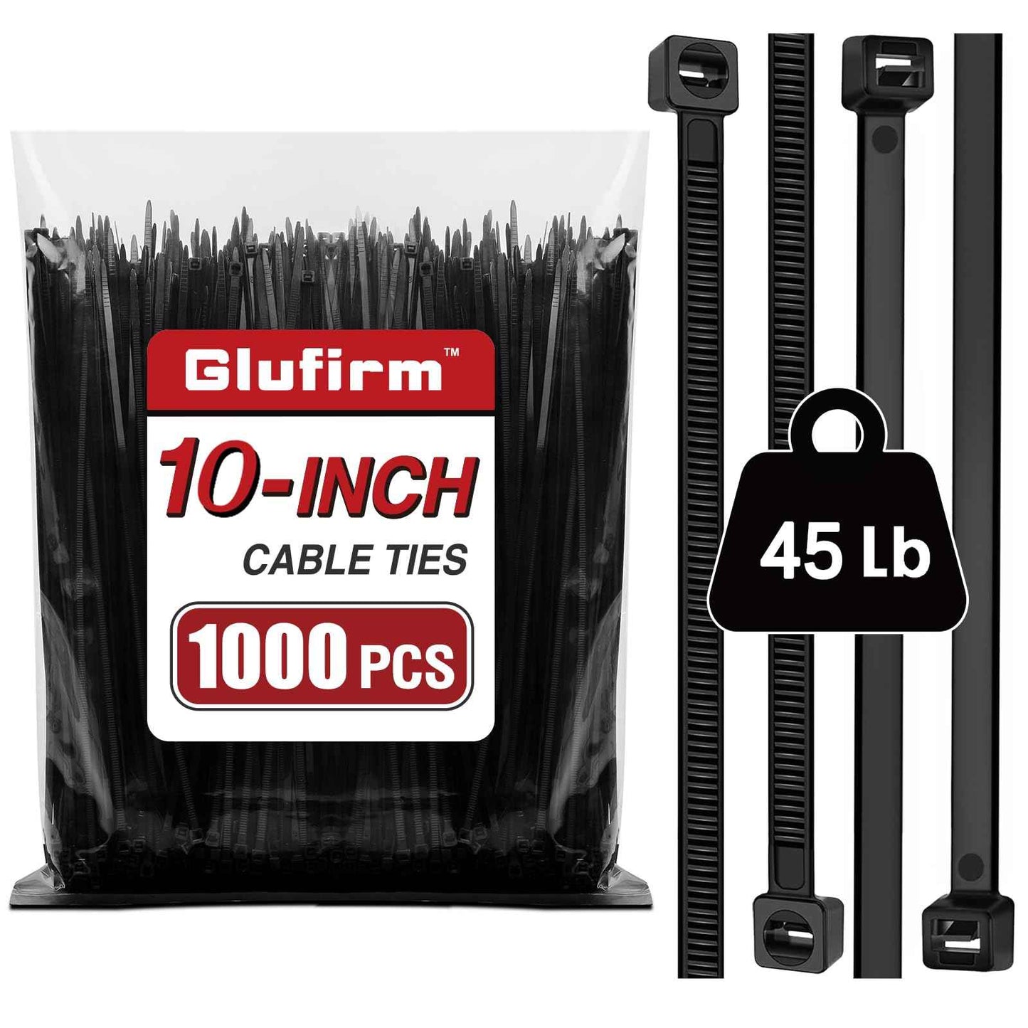 Zip Ties 10 inch (1000 Pack), Black Cable Ties, 45lb Tensile Strength, Wire Ties, Glufirm