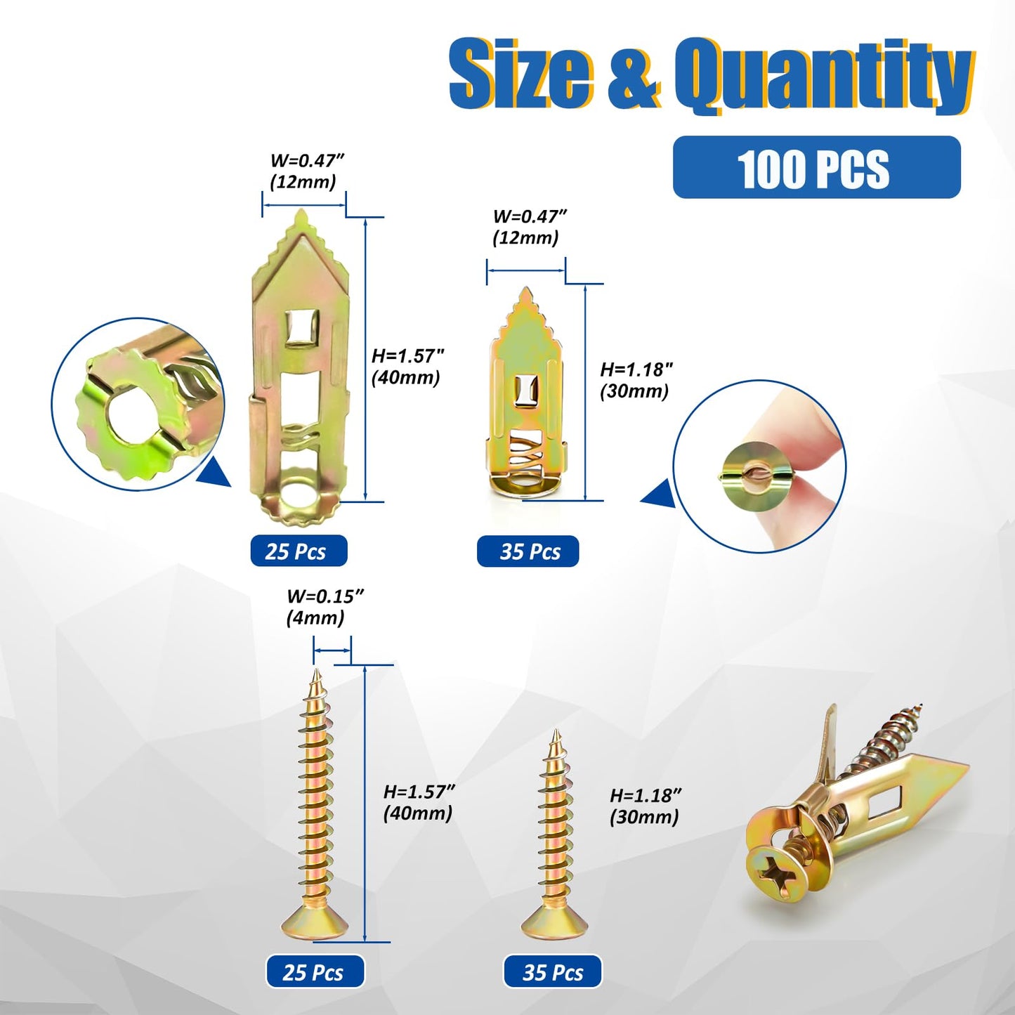 Self Drilling Drywall Anchors with Screws Kit - 100 Pcs 4 Sizes Heavy Duty Metal Expansion Anchors for Sheetrock, No Drill Needed, 50lb Rating, 2025 Upgraded Design