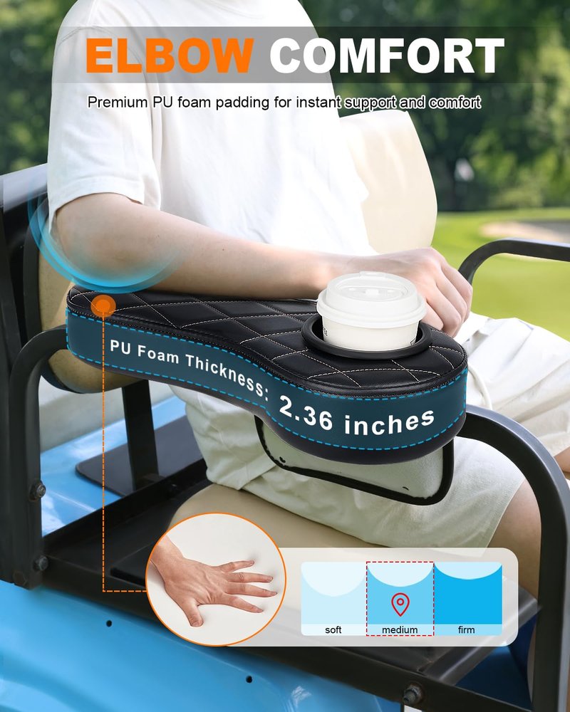 SKYJDM Golf Cart Armrest with Cup Holder & Rear Seat Organizer, No Drilling Golf Cart Diamond Arm Rest Fits 1" Square Tube Frame Compatible with EZGO Club Car Yamaha, Enhanced Storage & Comfort