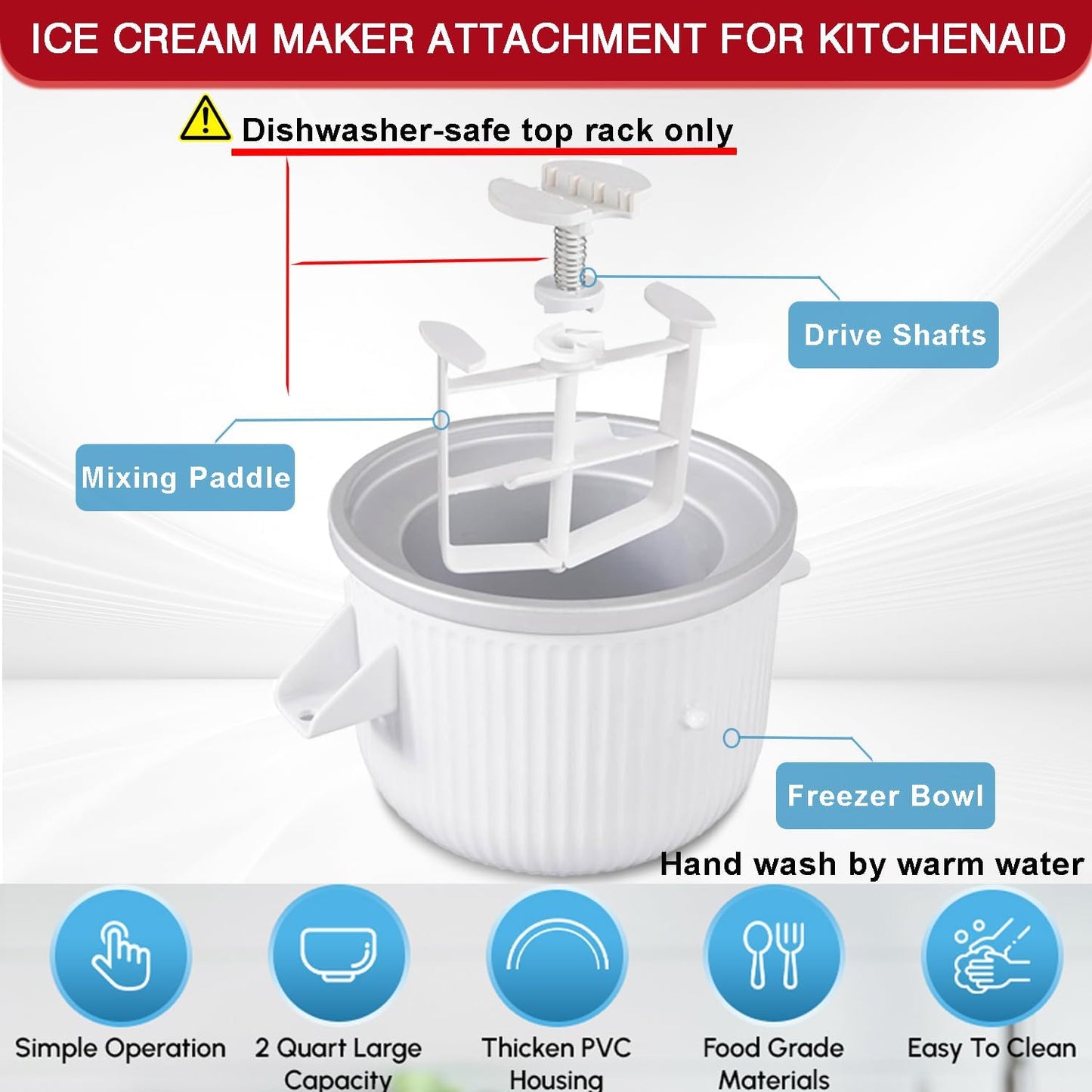 Ice Cream Maker Attachment for KitchenAid Mixer - 2 Quart Bowl for Yogurt, Sorbet & Gelato