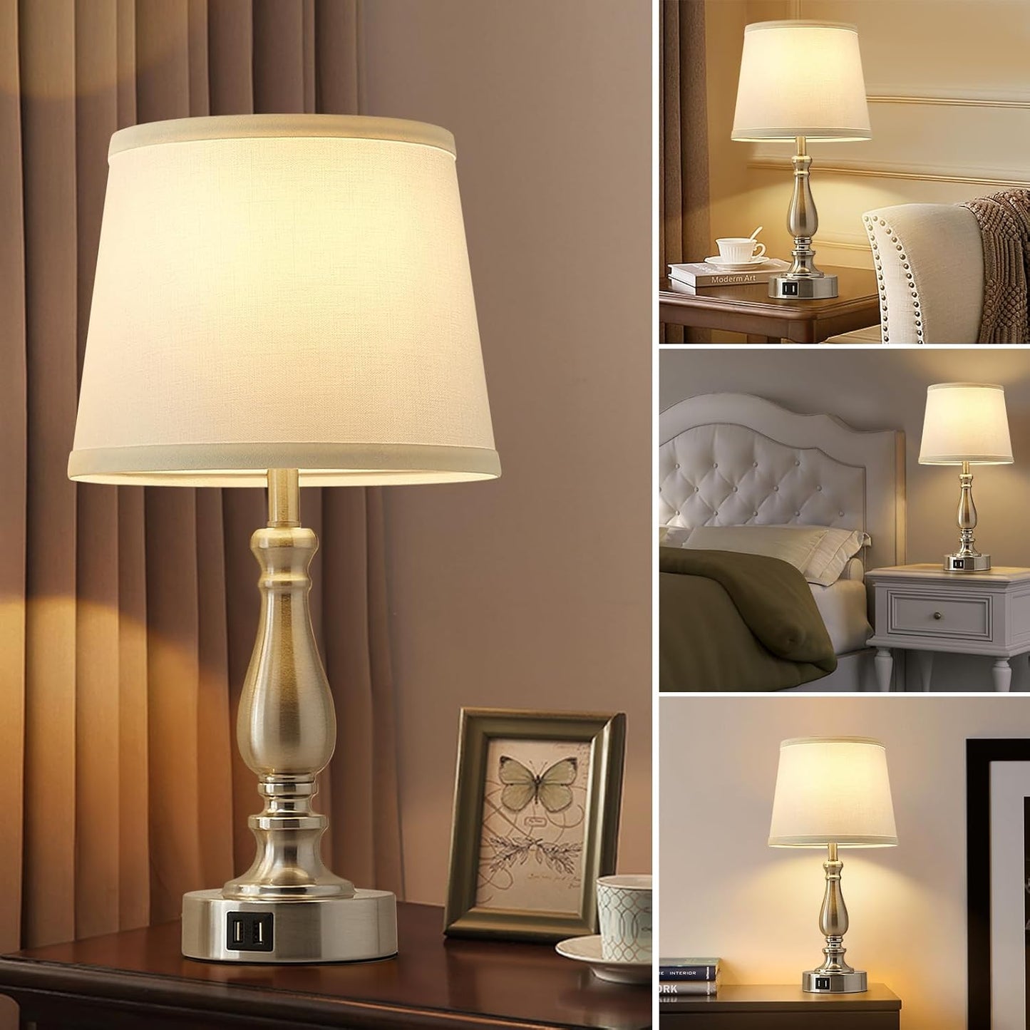 Touch Bedside Table Lamps Set of 2 with USB C+A Ports - 3-Way Dimmable Linen Shade
