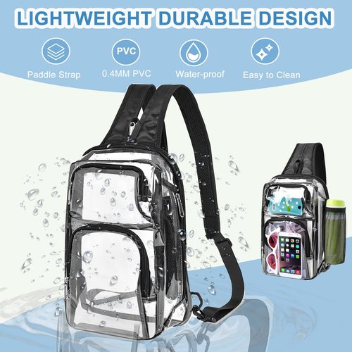 Busiuw Clear Backpack Stadium Approved with Adjustable Reinforced Straps, 3 in 1 Clear Crossbody Bag for Festivals and Games (Plus size)-Black