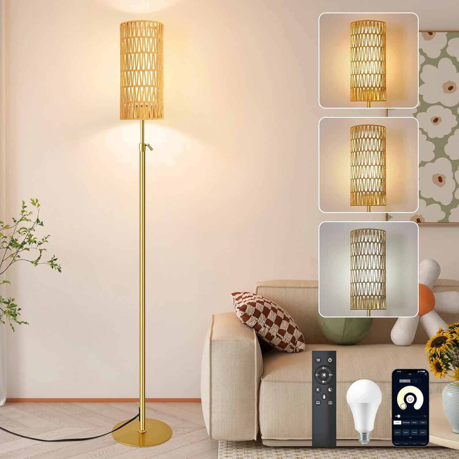 Boho Gold Floor Lamp with Remote Control | Dimmable Rattan & Wicker Design for Living Room