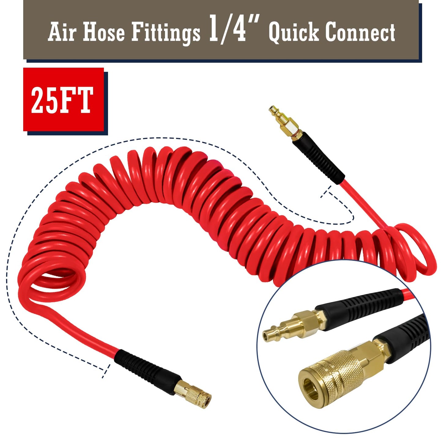 WHISPERING WONDER 1/4 in x 25 ft Polyurethane Air Hose with Bend Restrictor, Air Compressor Hose with 1/4 Solid 100% Pure Copper Quick Connect Fittings and I/M Plug Kit, Red