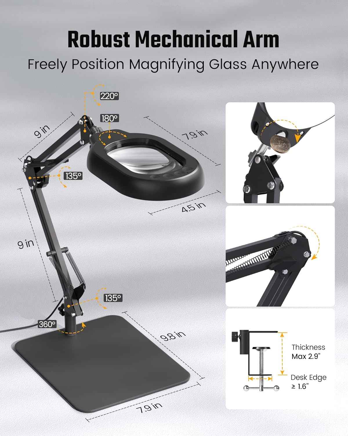 10X Magnifying Desk Lamp with Dimmable LED Light & Adjustable Swing Arm - Perfect for Reading, Crafting & Close Work