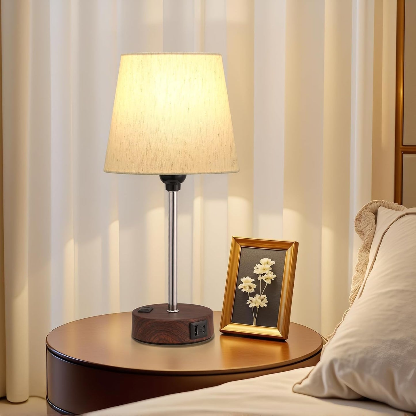 Set of 2 Mini Bedside Lamps with USB-C & AC Outlet - Dimmable Touch Nightstand Lights for Bedrooms
