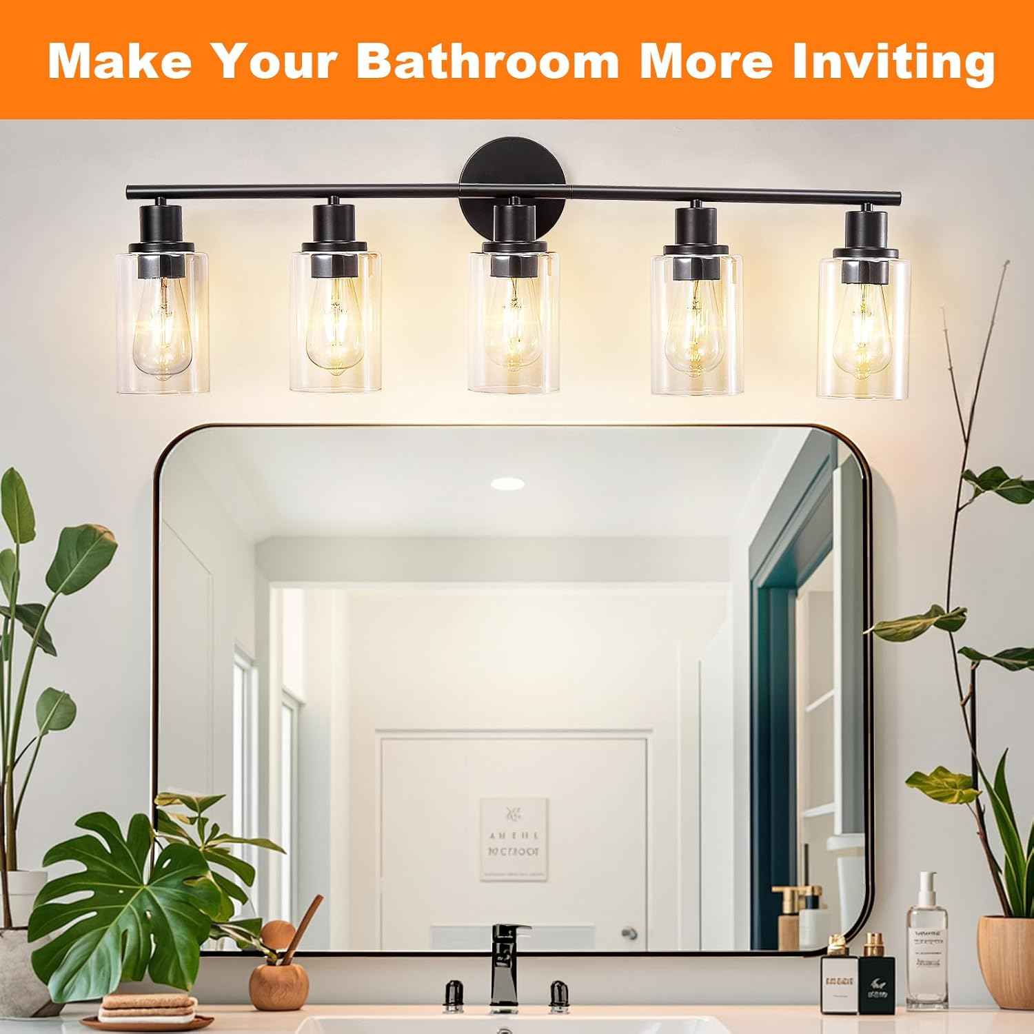 Modern Black 3-Light Bathroom Vanity Light Fixtures with Clear Glass Shades - 2 Pack