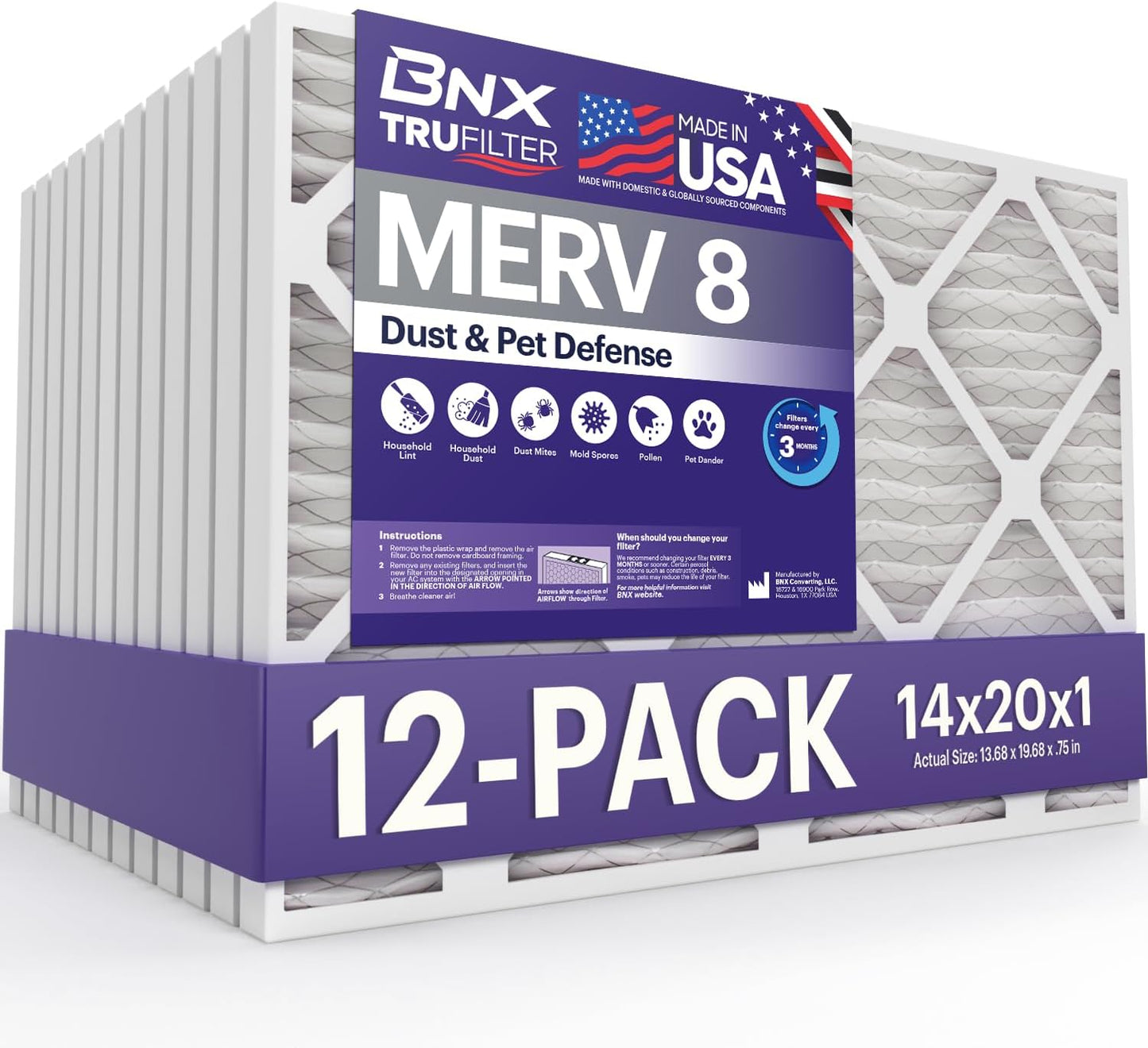BNX TruFilter 12x12x1 MERV 8 Air Filters (6-Pack) - USA-Made Dust & Pet Defense for HVAC