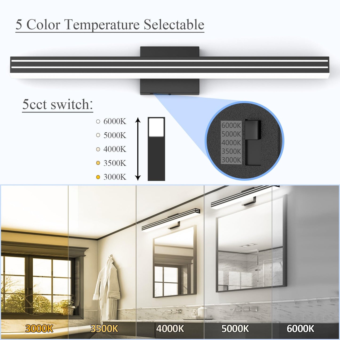 Ralbay Modern Black Bathroom Light Fixtures 5 Color Temperature Dimmable 31.5inch 30W Acrylic LED Black Bathroom Vanity Lighting Fixtures Over Mirror