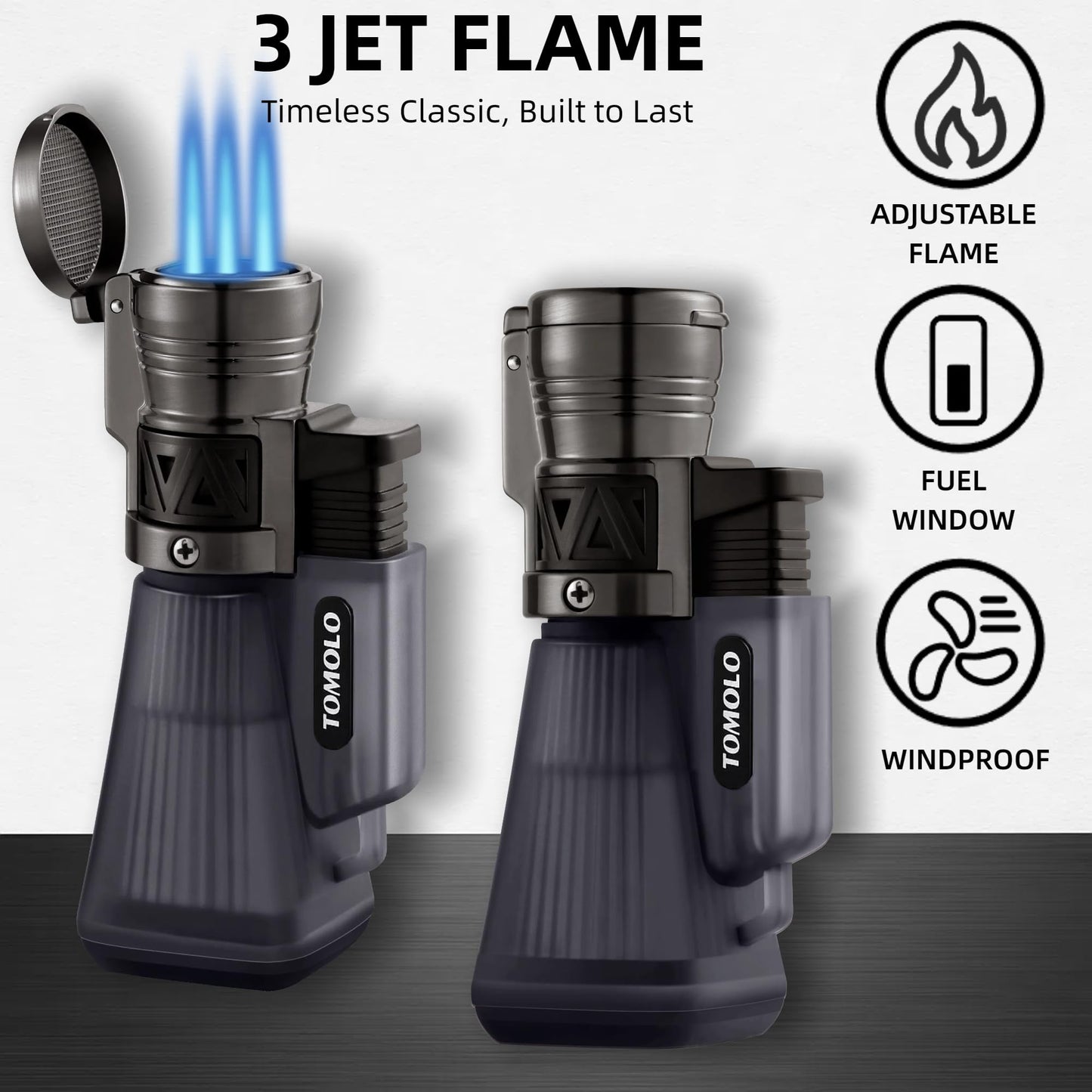 TOMOLO Torch Lighter 2 Pack, Refillable Butane Lighter with 3 Jet Torch Adjustable Windproof Flame (Without Fuel)(Black)