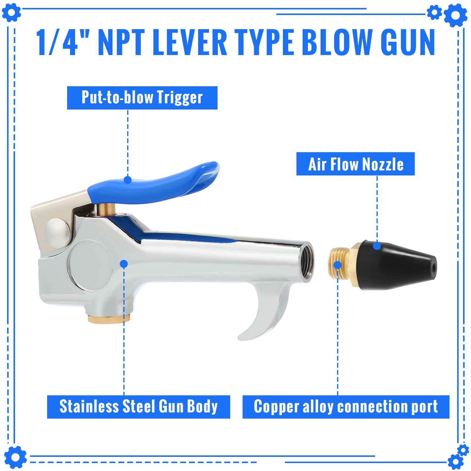 Honoson 4 Pieces 1/4 NPT Lever Blow Gun Air Nozzle Dust Cleaning Blower Gun with Rubber and Safety Tip Nozzles Air Tool for Home Shop Garage Industry(Blue)