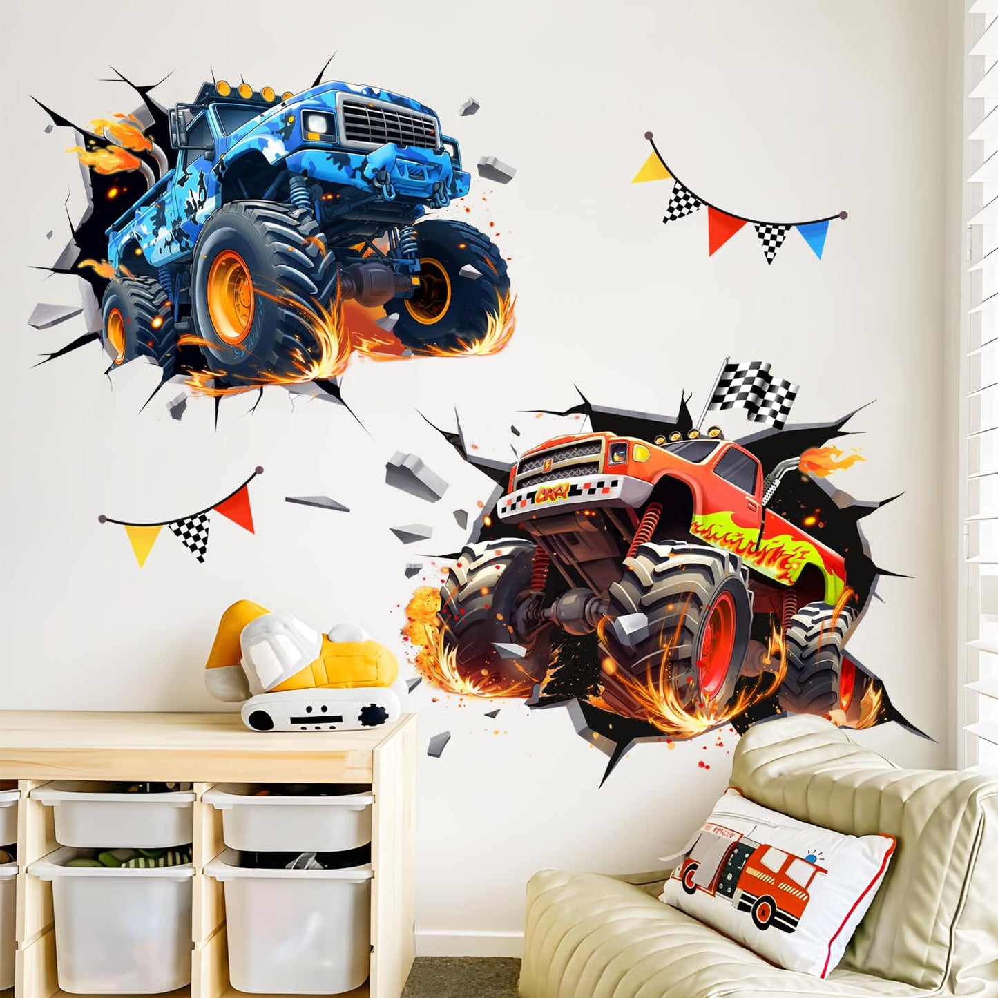 3D Crazy Racing Wall Decals, Truck Vehicles Wall Stickers Ball Games Peel and Stick Decal Self Adhesive Sticker for Boys Kids Room Home Decor
